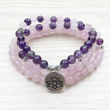 108 Bead Rose Quartz & Amethyst LOVE STONES Mala Charm Bracelet